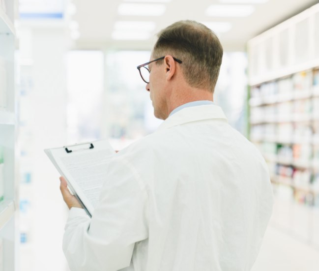 A pharmacist looking at a clipboard