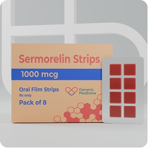 Sermorelin oral film strips packaging, 1000mcg pack of 8