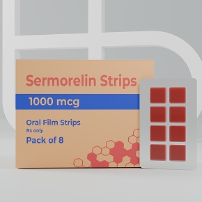 Sermorelin oral film strips packaging, 1000mcg pack of 8