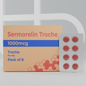 Sermorelin troche packaging, 1000mcg pack of 8